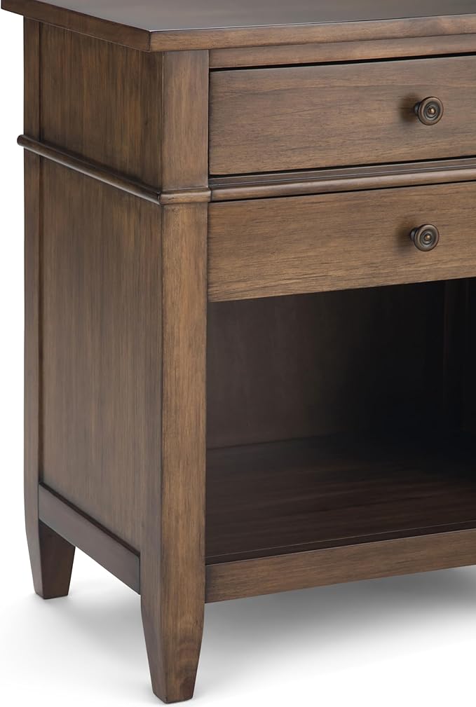 SIMPLIHOME Carlton Bedside Table - 24 inch Wide Solid Wood Nightstand Table in Rustic Natural Aged Brown, Transitional Bedroom Side or End Table with 2 Drawers, Open Storage Shelf and Bronze Hardware