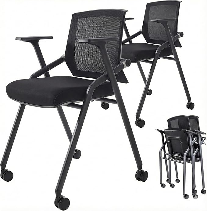 16 Pack Stackable Conference Room Chairs with Paddle Folding Office Chair Foldable Desk Chair Mesh Back and Arms for Conference Meeting Guest Reception Home Office Training Room Chair Black