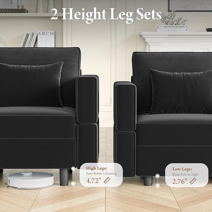 Vesgantti Sectional Couches with Storage Seats, 118" L Shaped Convertible Modular Sectional Sofa, 4 Seat & 2 Ottomans Velvet Storage Chaises Deep Seat Couch for Living Room, Bedroom, Apartment, Black
