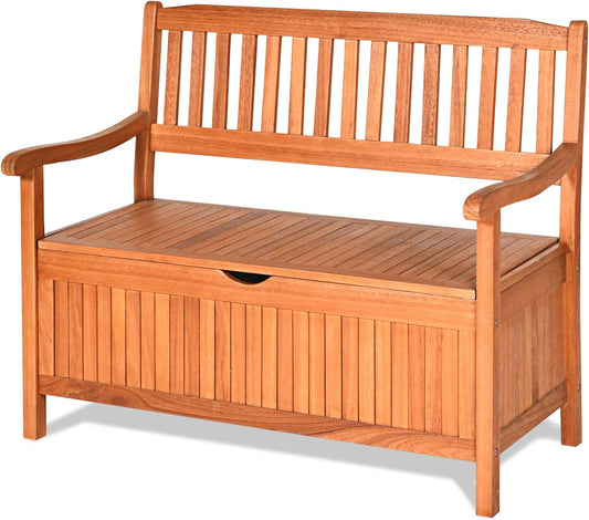 Tangkula Outdoor Wood Storage Bench Deck Box, Entryway Porch Storage Bench with Inner Removable Dust-Proof Lining & Portable Handles, Eucalyptus Wood Loveseat for Garden, Lawn, Balcony & Yard
