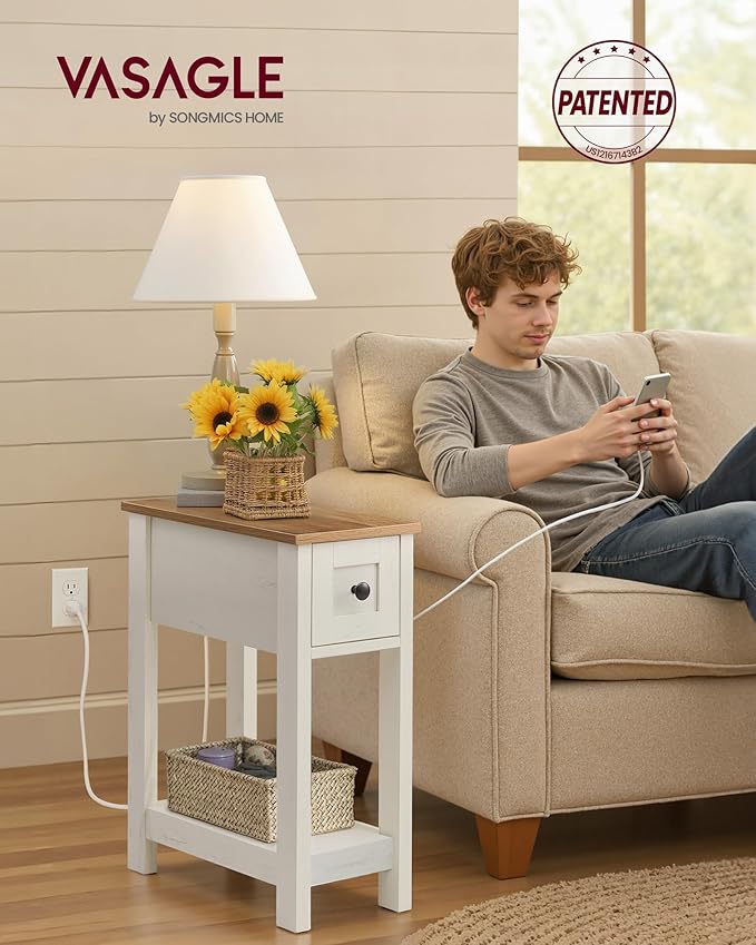 VASAGLE Narrow Side Table with Charging Station, Farmhouse End Table with Storage Drawer, Nightstand, Superfast Toolless Assembly, for Living Room, Bedroom, Honey Brown and Rustic White ULET328W01