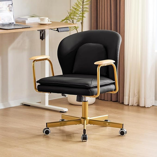 Furniliving Leather Office Chairs,Gold Office Chair, Adjustable Swivel Computer Chair with Golden Legs and Wooden Padded Armrest, Modern Upholstered Task Chair with Wheels,Black