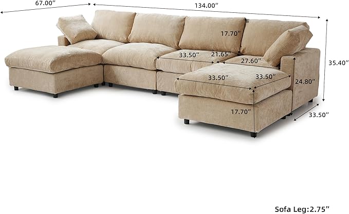 WJShome U Shaped Sectional Couch 134 Inch 4-Seater Modern Modular Sofa with 2 Ottoman,Chenille Deep Seat Couches for Living Room, Bedroom and Apartment，Khaki
