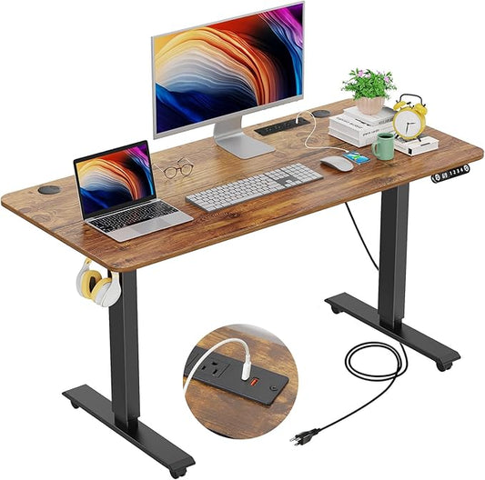 farexon 48 x 24 inch Standing Desk Electric Adjustable Height with Charging Station, Stand up Desk with Ergonomic Workstation, 4 Preset Heights Easy to Set(Brown)