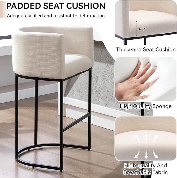 Contemporary Cream Linen Bar Stools Set of 2, 32" Upholstered Fabric Counter Height Barstool Kitchen Counter Island Stools with Black Metal Base