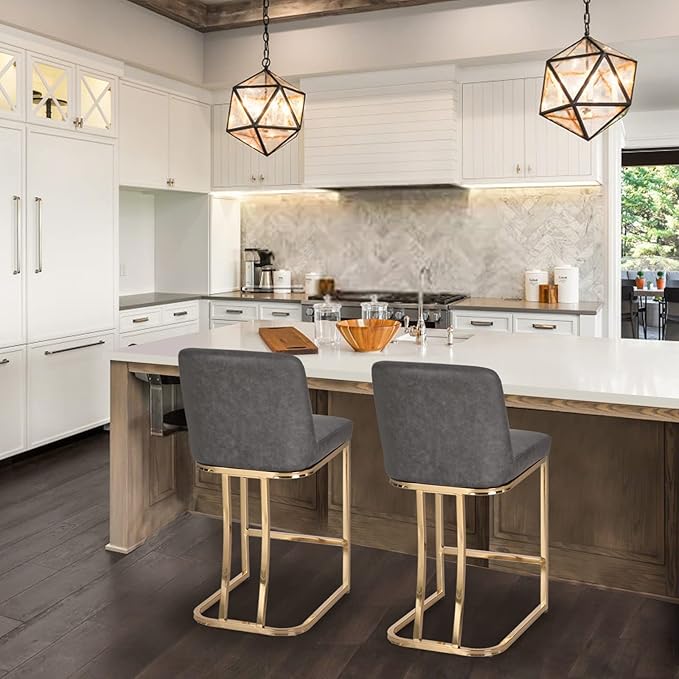 Sophia & William Counter Height Bar Stools Set of 2, 24" Bar Stools with Back for Kitchen Counter, Modern PU Leather Kitchen Counter Stools,Grey Gold