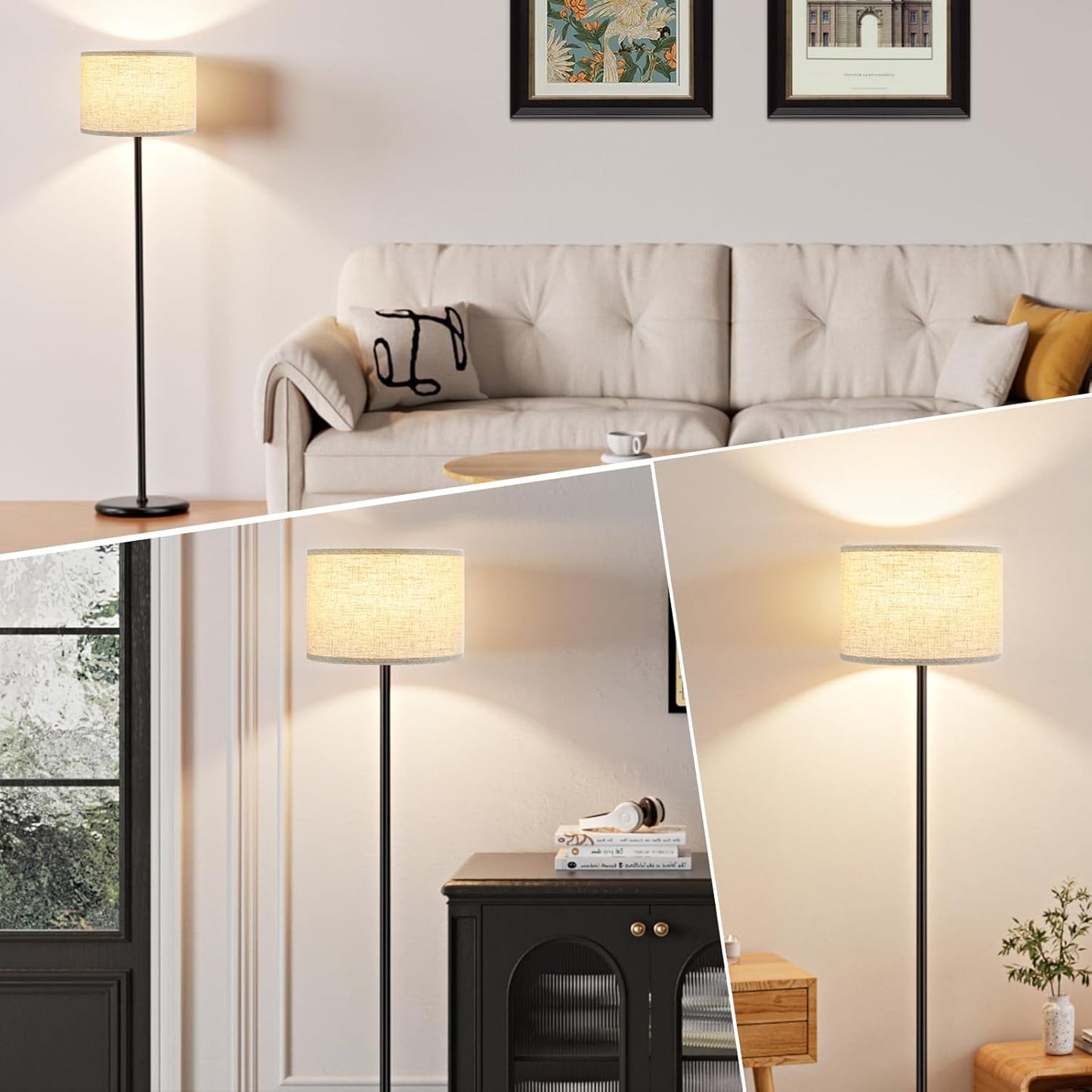 Ambimall 60'' Modern Floor Lamp Set of 2, 2PK Tall Lamps for Living Room Bedroom, Beige Shade with Black Pole(Without Bulb)