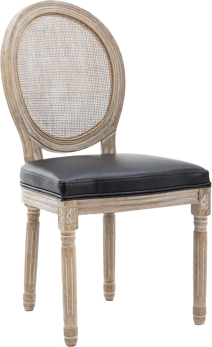 Farmhouse Leather Dining Room Chairs Set of 6 French Dining Chairs with Round Rattan Back French Bistro Chairs for Dining Room/Living Room/Kitchen/Restaurant, Black