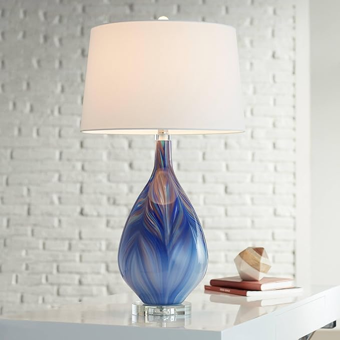 Possini Euro Design Taylor Modern 3-Way Table Lamp 29" Tall with Table Top Dimmer Blue Art Glass White Fabric Tapered Drum Shade for Bedroom Living Room House Home Bedside Nightstand Office