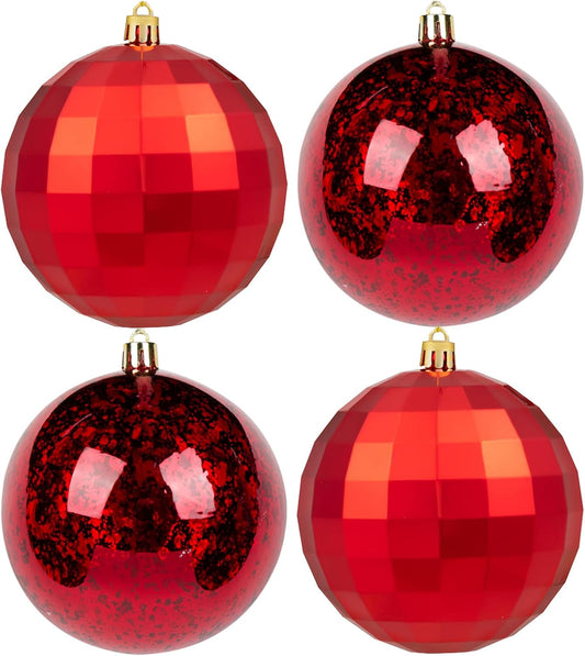 XmasExp Large Christmas Ball Ornaments,4pcs Red Giant Shatterproof Plastic Hanging Mercury Xmas Ball Decorations Christmas Tree Ornaments (Red, 4")