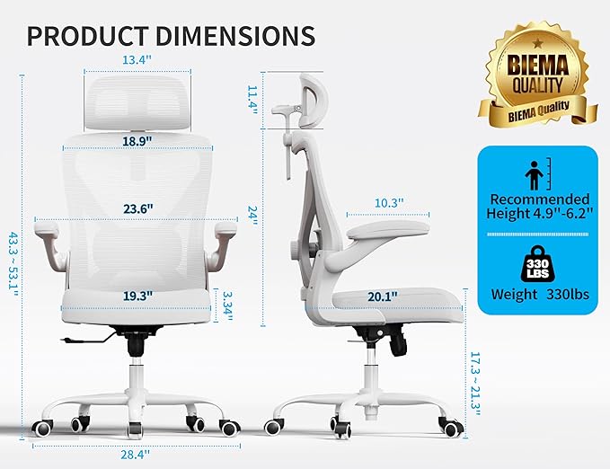 White Ergonomic Office Chair: Mesh Desk Chair Comfy with Adjustable Lumbar Support 400lbs High Back Computer Gaming Chair - Big and Tall Office Chairs with Extra Wide Seat-Adults Home Office