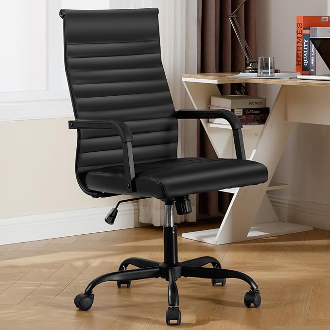 Office Chair, Ergonomic Executive Conference Room Chairs, Ribbed Leather Desk Chair with Lumbar Support, Adjustable Height Mid-Back Swivel Chair with Padded Seat and Square Tube Armrests