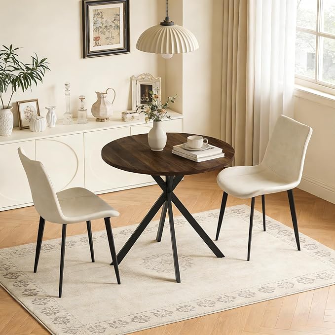31.5" Round Dining Table and Chairs Set for 2, Small Dining Table Chairs Set Space-Saving, Small Dinette Sets for 2 for Kitchen Dining Room Apartment(Walnut Table + Beige Chairs)