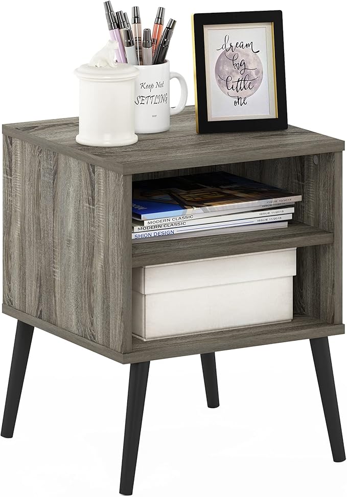 Furinno Claude Side Table, 2-Tier Square End Table with Wooden Legs, Open Shelf Night Stand, Bedside Table, for Living Room, Bedroom, French Oak Grey
