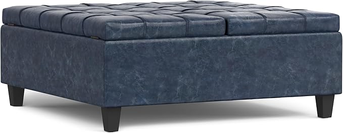 SIMPLIHOME Harrison 40 inch Wide Transitional Square Large Coffee Table Storage Ottoman in Denim Blue Vegan Faux Leather, Assembled, for The Living Room and Bedroom