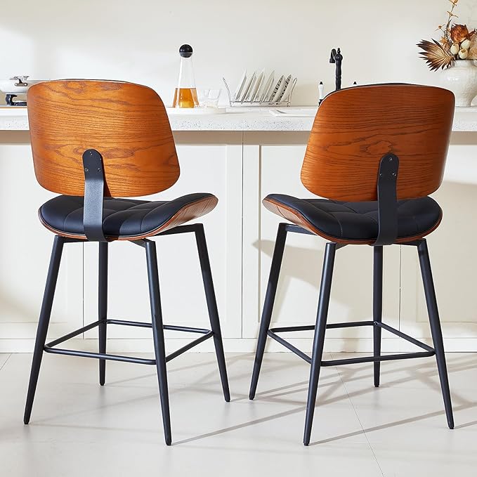 Mid Century Modern Bar Stools Set of 2 for Kitchen Island,Upholstered Black Faux Leather Counter Height stools,26 Inch Counter stools with Walnut Grain Back