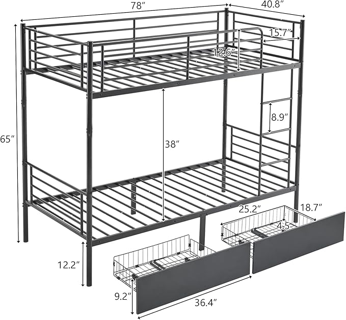 Karl home Black Bunk Bed Twin Over Twin with 2 Storage Drawers, Metal Bunk Bed with Built-in Ladder and Safety Guardrail, Space-Saving Twin Bunk Beds for Kids, Teens & Adults, No Box Spring