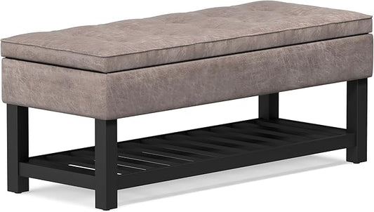 SIMPLIHOME Cosmopolitan Storage Ottoman Bench - 44 inch Wide Upholstered Vegan Leather Rectangle Storage Ottoman in Distressed Grey Taupe, Transitional Bench for Bedroom with Tufted Lift-Top and Shelf