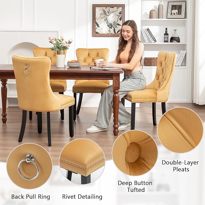 Velvet Dining Chairs Set of 2, Tufted Dining Room Chairs with Nailhead Ring Pull Trim, Upholstered Dining Chairs with Solid Wood Legs for Kitchen Dining Room (Gold)