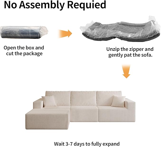 110" Boneless Cloud Sectional Couch for Living Room, Compressed Modular L-Shaped Sofa with Deep Seat, Frameless Corduroy Couch in Boxes, No Assembly Required 3-Seater (Left-Facing Chaise, Beige)