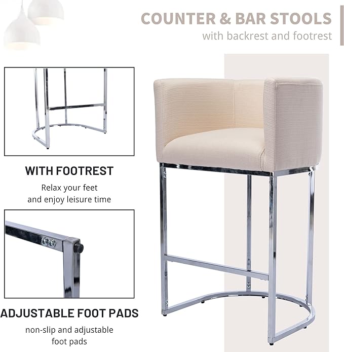 Contemporary Linen Bar Stools Set of 4, 29" Upholstered Fabric Counter Height Barstools Kitchen Counter Island Stools with Screwed Together Chrome Finish Base, Cream