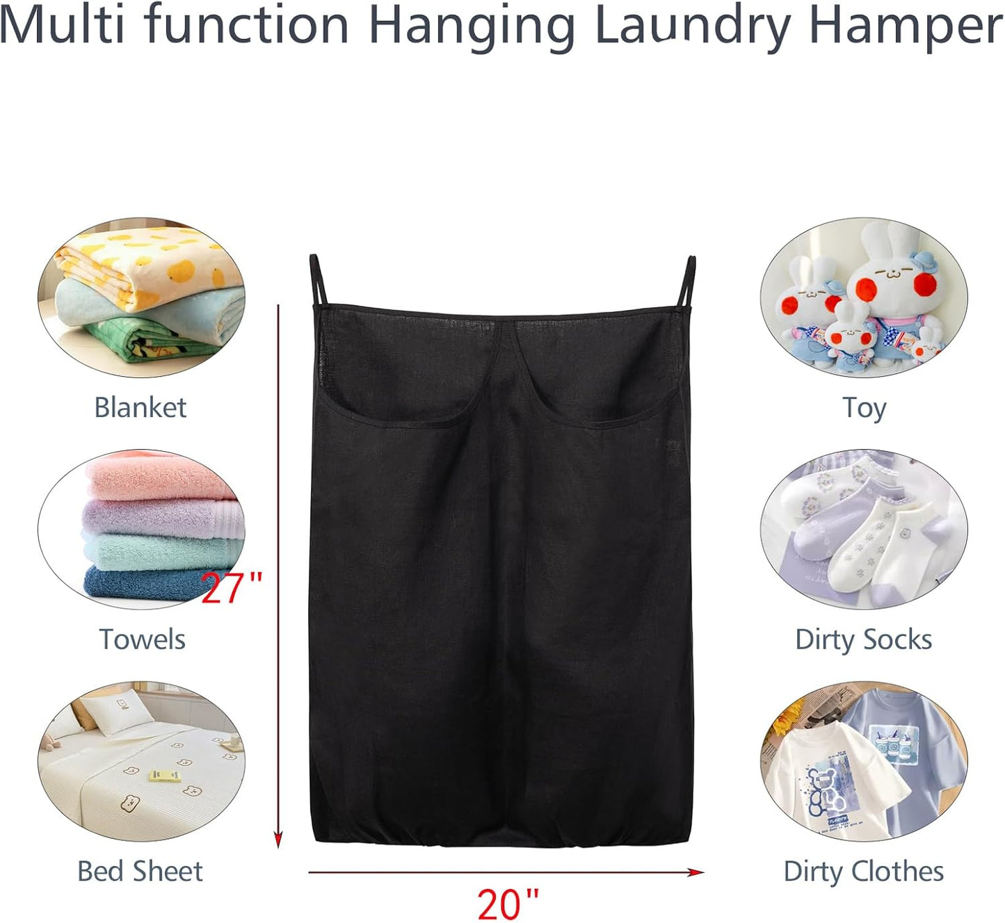 100% Pure Linen Dual Hanging Laundry Bag with 2 Deep Pocket and 2 Side Zipper 20x27in, Over The Door Laundry Hamper Space Saving Hampers for Dirty Clothes Home Travel, Black