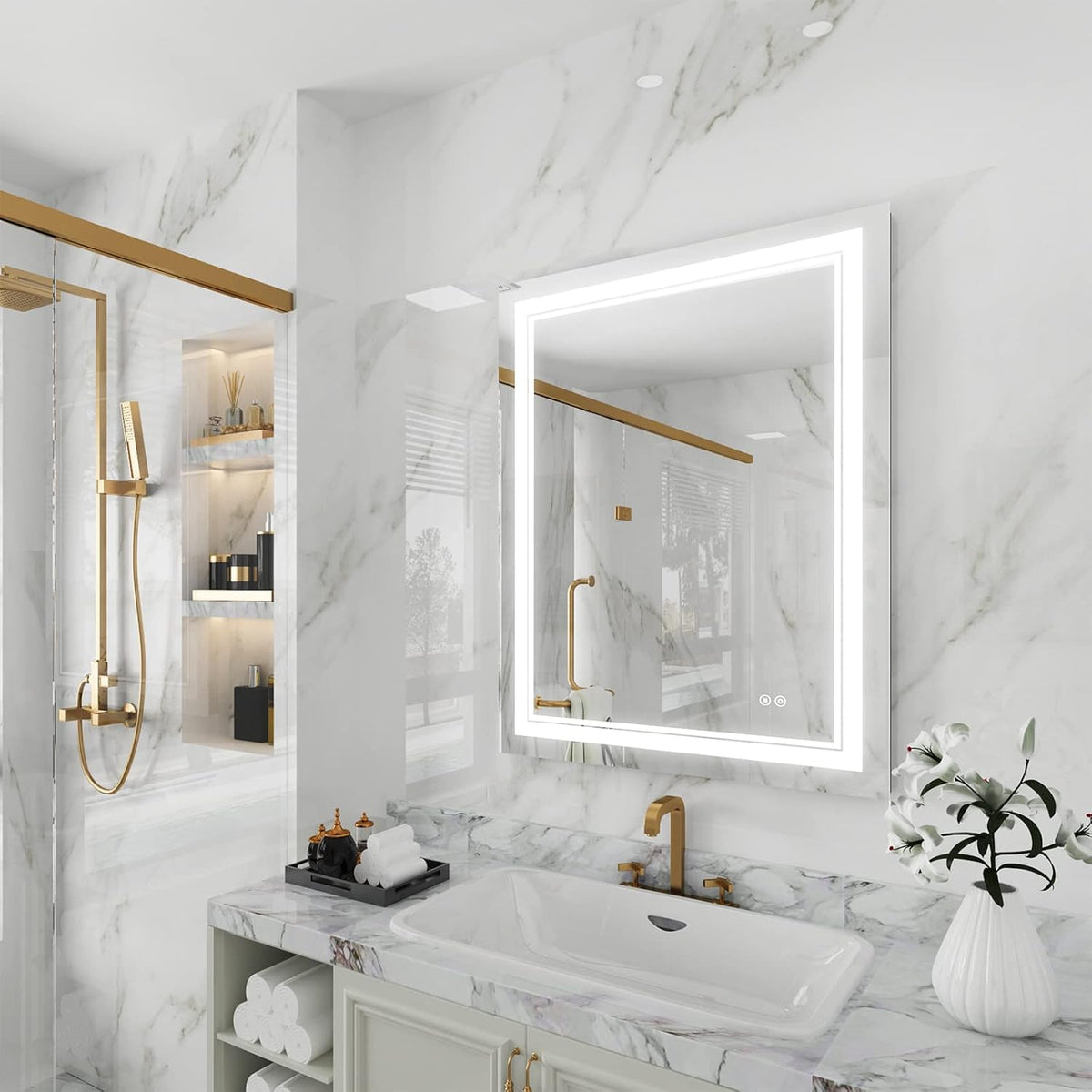 WELLFOR LED Bathroom Vanity Mirror 28 x 36 Inch, Lighted Anti-Fog Dimmable Mirror, IP44 Waterproof Wall Mounted Makeup Mirror, Packed with US Standard Plug and Touch Switch, (Horizontal/Vertical)