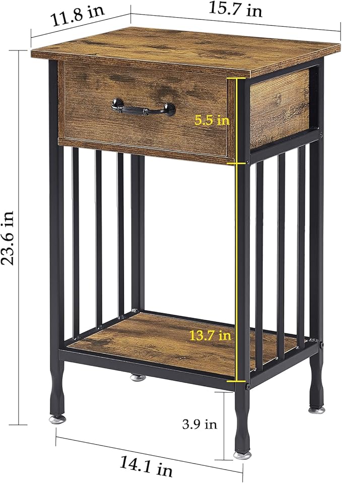VECELO Nightstands, Industrial Side Table/End Tables with Drawer and Storage Shelf, Night Stands for Bedroom, Living Room, Wood Metal Furniture, Easy Assembly,Antique Brown,2 Sets