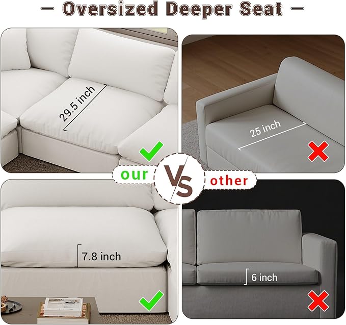 221.6" Oversized Cloud Modular Sectional Sofa,6 Seat Down Filled Sofa,Comfy Deep Seat Couch with Reversible Chaise & Cushions,Couch Cover Washable and Replaceable,White
