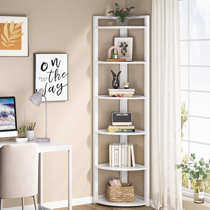 Tribesigns 6 Tier Corner Shelf, 70.9 Inch Tall Corner Bookshelf Small Bookcase Modern Corner Shelving Unit Storage Rack for Living Room, Home Office, Kitchen, Small Space (White)