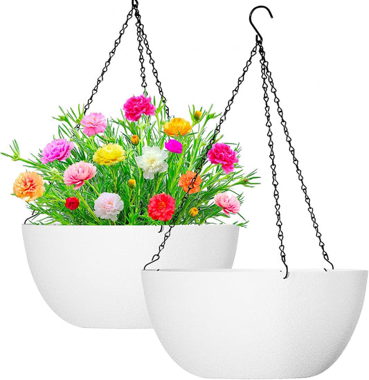 WOUSIWER 13 inch 2Pack Large Hanging Planters for Outdoor Indoor Plants with Drainage Holes and Chain, Round Hanging Flower Pots for Garden Home Porch Decor, White