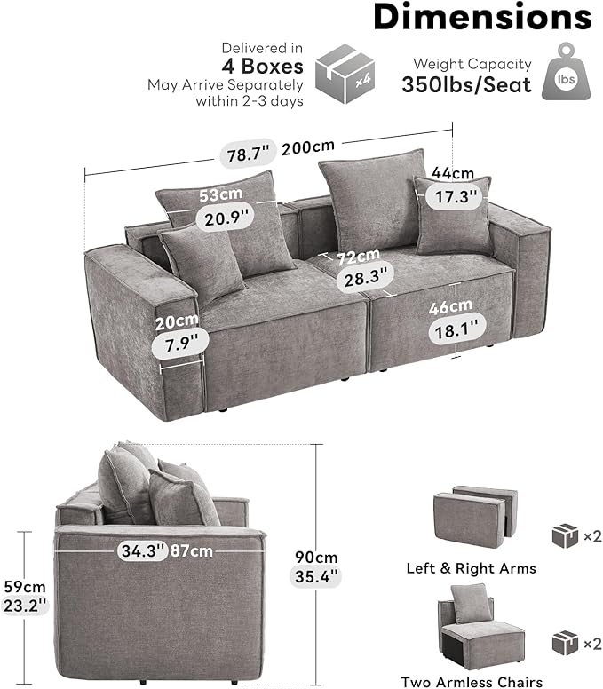 WILLOVE Modular Sectional Sofa Set, Chenille Cloud Couch with Wide Armrests & 8 Pillows, Deep Seat Couches for Living Room, 4-Seater Grey
