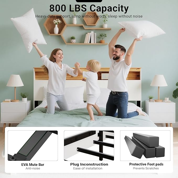 Full Bed Frame, Wood Platform Bed Frame with Storage Headboard, Charging Station, Modern Bedframe Full Size, 800lbs Capacity, Metal Slat Support, Noise-Free, No Box Spring Needed-White