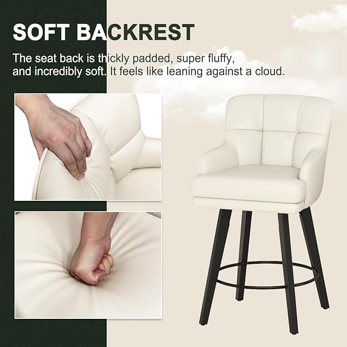 360°Swivel Counter Height Bar Stools with Back, 26 inch Solid Wood Legs, Bar Stool Modern Kitchen Island Chairs, Faux Leather (Beige- Faux Leather, 26" H- Set of 4)
