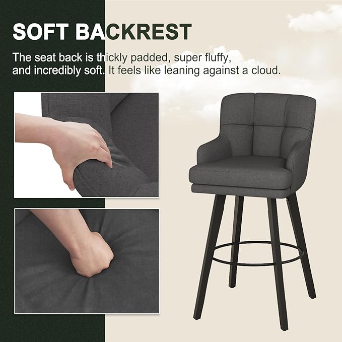 360°Swivel Counter Height Bar Stools with Back, 30 inch Solid Wood Legs, Bar Stool Modern Kitchen Island Chairs, Fabric (Black Grey- Fabric, 30" H- Set of 4)