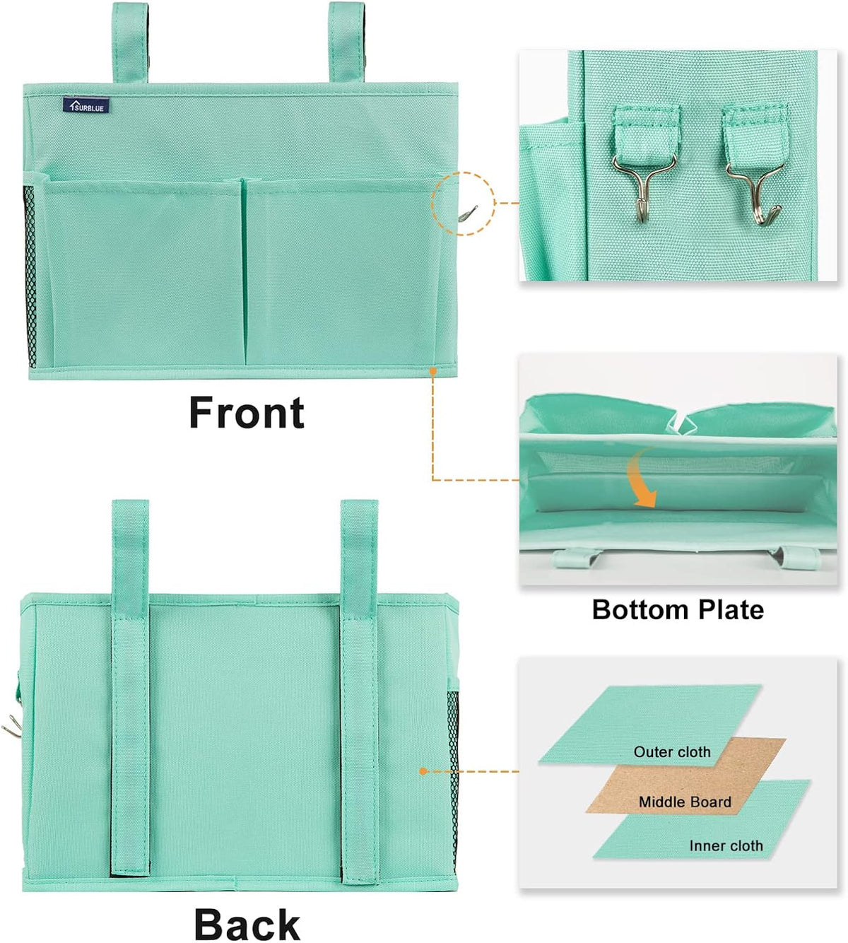 Surblue Caddy Hanging Organizer Bedside Storage Bag for Bunk and Hospital Beds, Green, Small