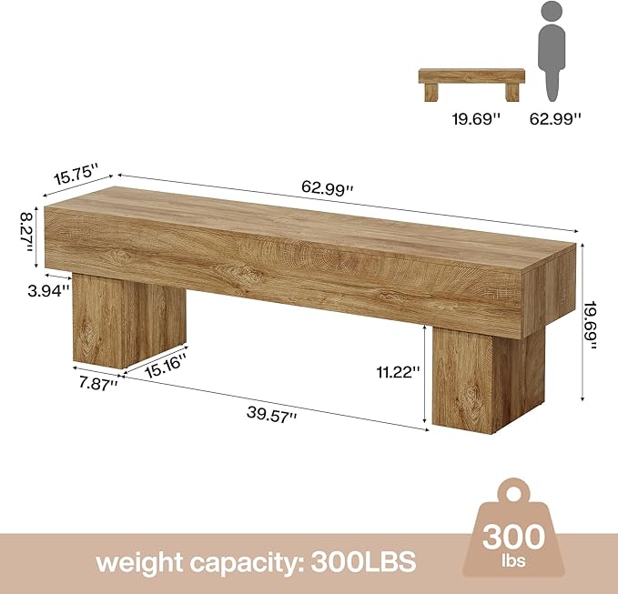 Tribesigns 63“ Extra Long Dining Bench, Farmhouse Wooden Entryway Bench, Indoor End of Bed Bench for Bedroom, Living Room, Dining Room, Hallway, Light Brown