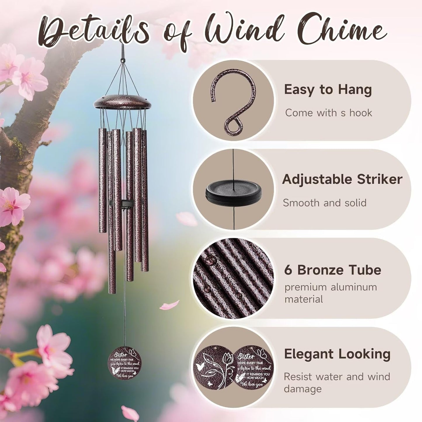 Gifts for Sister, 25''Wind Chimes, Birthday Gifts for Sister, Soul Sisters Unique Gift for Women,Thanksgiving,Christmas Day Gift Ideas for Love Rreminder