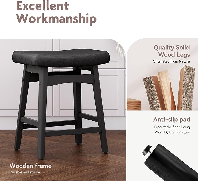 ALPHA HOME Black Bar Stools Set of 2, Solid Wood Saddle Kitchen Island Stools with PU Leather Cushion Backless Counter Height Barstools with Wooden Base for Kitchen Dining Cafe, 24 Inch, Black, 2PCS