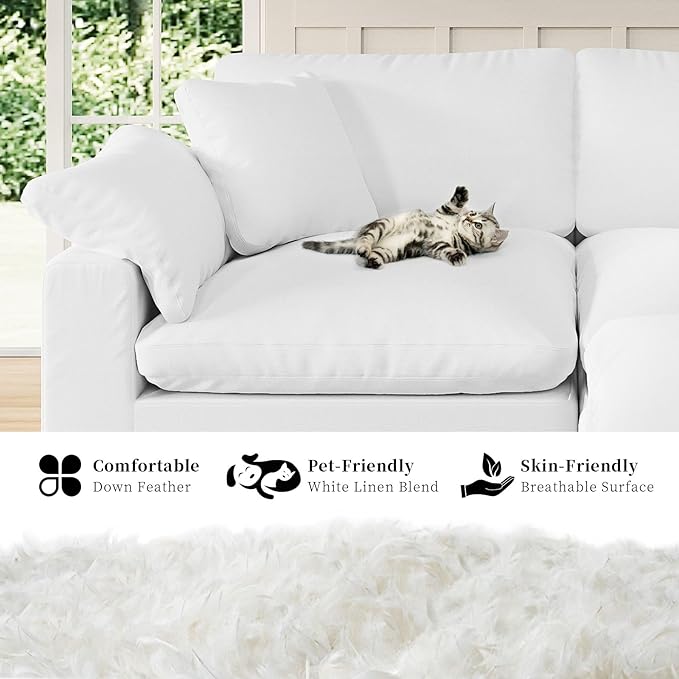 Modular Sectional Sofa Cloud Couch,Down Filled Comfy Cloud Modern Sofa,White Linen Oversized Couch Cushion Covers Removable for Living Room