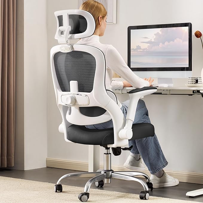 Ergonomic Office Chair - Computer Desk Chair with Adjustable Lumbar Support - 400lbs Executive Desk Chair High Back with Headrest Flip-Up Arms for Long Hours, Rolling Chair (White Black)