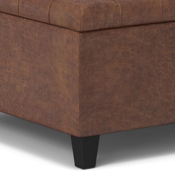 SIMPLIHOME Harrison 30 inch Wide Transitional Square Small Coffee Table Storage Ottoman in Distressed Saddle Brown Vegan Faux Leather, Assembled, for The Living Room and Bedroom