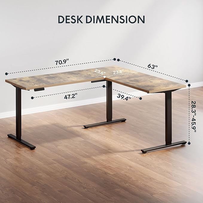 SANODESK L Shaped Electric Standing Desk with Drawer, 71 Inch Ergonomic Adjustable Height Desk with Storage, Corner Desk Sit Stand up Computer Table for Work Office Home, Rustic Brown