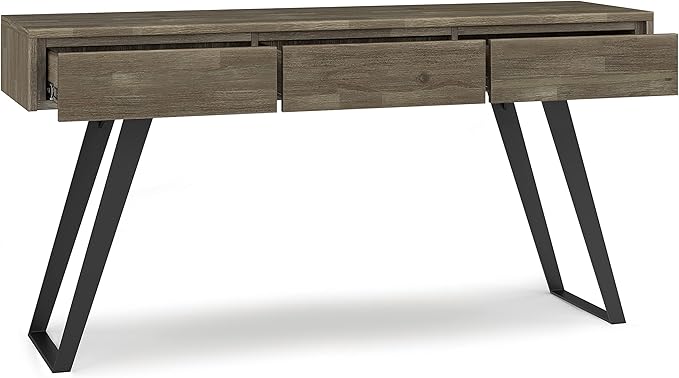 SIMPLIHOME Lowry SOLID ACACIA WOOD and Metal 60 Inch Wide Modern Industrial Console Sofa Table in Distressed Grey, For the Living Room Entryway and Bedroom