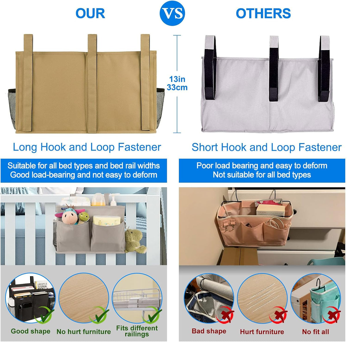 Surblue Bedside Caddy Hanging Bed Organizer Storage Bag Pocket for Bunk and Hospital Beds, College Dorm Rooms Baby Bed Rails,Camp 8 Pockets (Khaki)