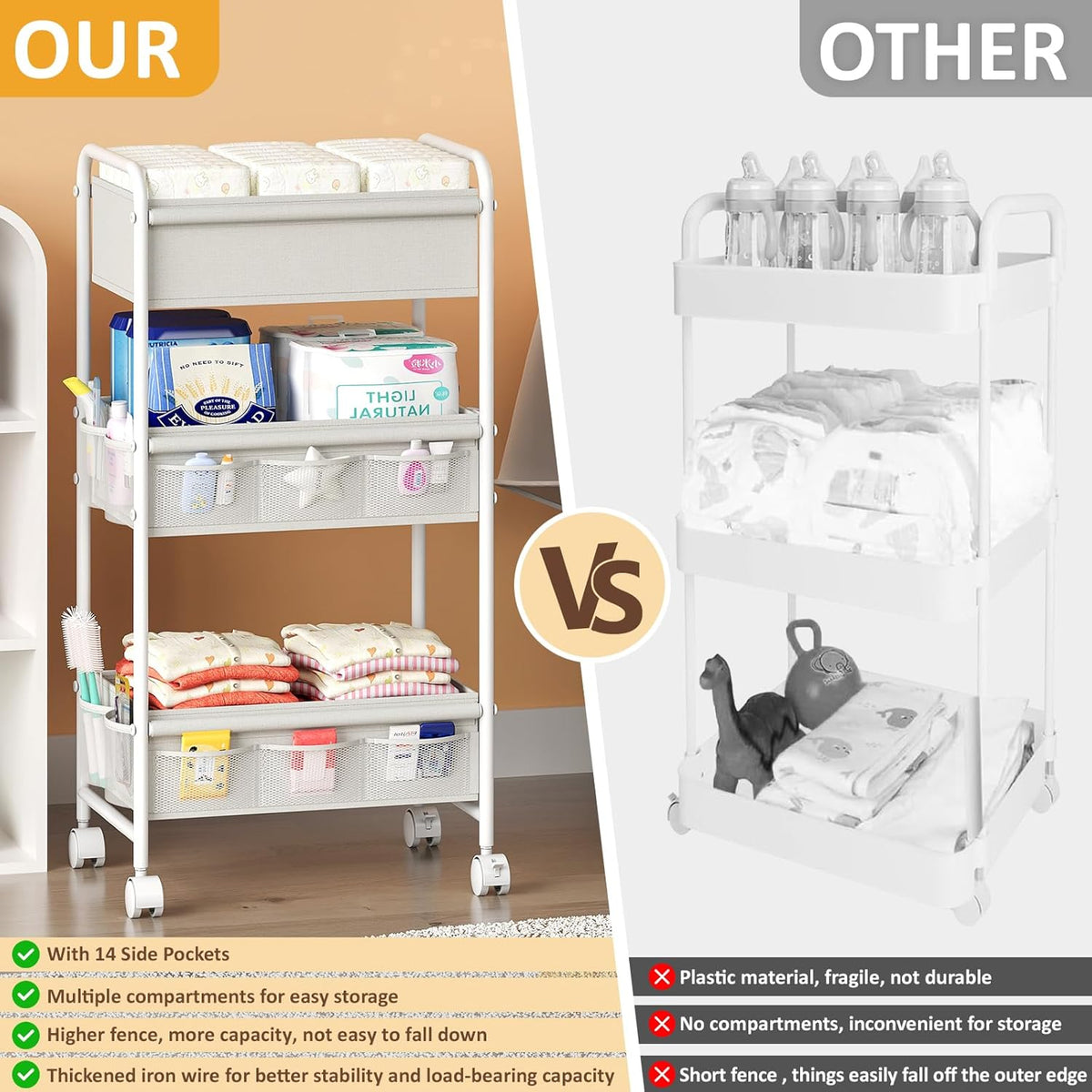 3-Tier Baby Diaper Caddy Cart Organizer,Mobile Nursery Organization with Wheels,with 2 Dividers & 14 Mesh Pockets Durable Metal Utility Cart for Nursery, Bedroom, Bathroom Essentials Organization