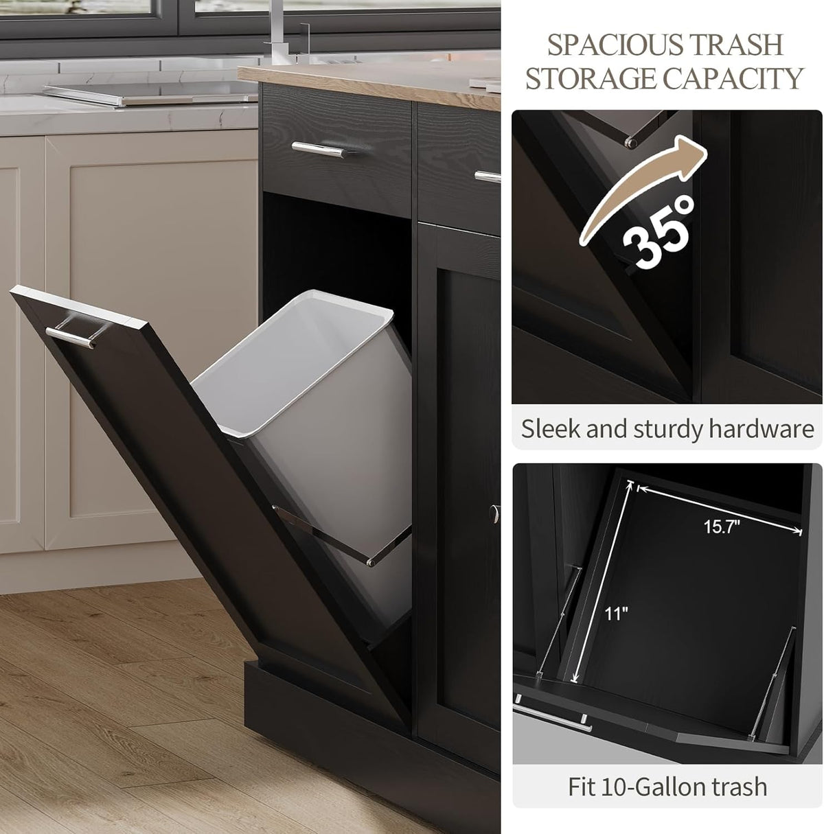 4 EVER WINNER Kichen Island with Storage,Rolling Kitchen Island Cart on Wheels,Mobile Island with Wooden Countertop for Kitchen,Black
