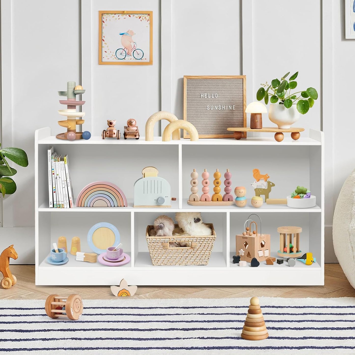 Montessori Shelf, Wooden Toy Storage Organizer for Books Toys, 2 Shelf Bookcase, 5-Section Storage Cabinet, Toddler Book Shelf for Kids Rooms, Playroom, Nursery, Kindergarten