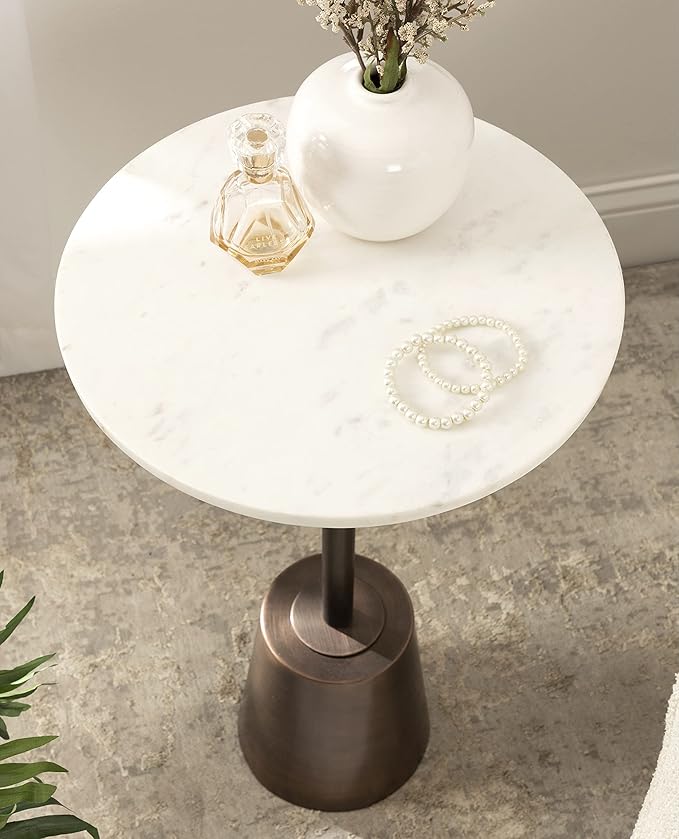 Kate and Laurel Tira Round Side Table, 14 x 14 x 24, White and Bronze, Decorative Pedestal Style End Table for Use as a Bedroom Nightstand or Living Room Accent