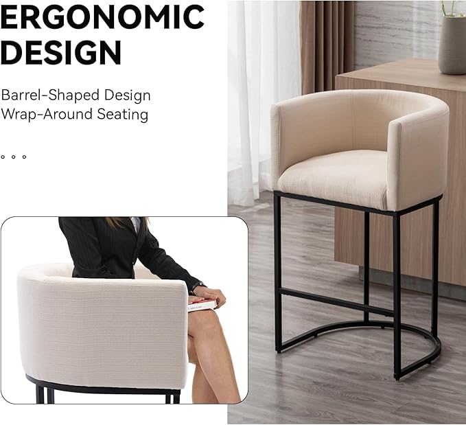 Contemporary Cream Linen Bar Stool, 29" Upholstered Fabric Counter Height Barstool Kitchen Counter Island Stool with Black Metal Base